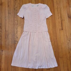 Karin Stevens Pastel Pink Embroidered Midi Dress 4P Romance Coquette 80s Dainty